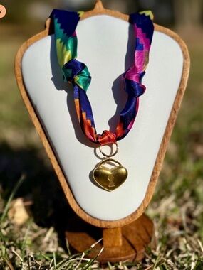 New Gold Heart Lock Pendant Necklace with Colorful Satin Scarf Pink Blue Red